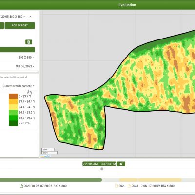 Mapy s výnosy a obsahem chemických prvků změřených laboratoří řezačky BiG X s KRONE NIR Control dual lze zobrazit v Smart Telematics Plus a data následně exportovat ve formátech Shape, Excel nebo ISOXML.
